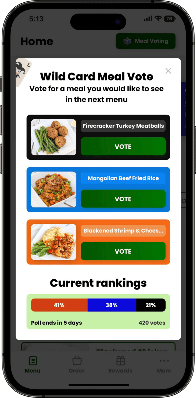 In-app Power Plate Meals meal voting